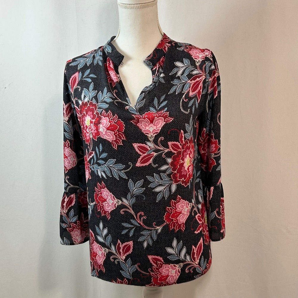 LOFT Floral Print Blouse Mandarin Collar Bell Sleeve Black Red XS Petite